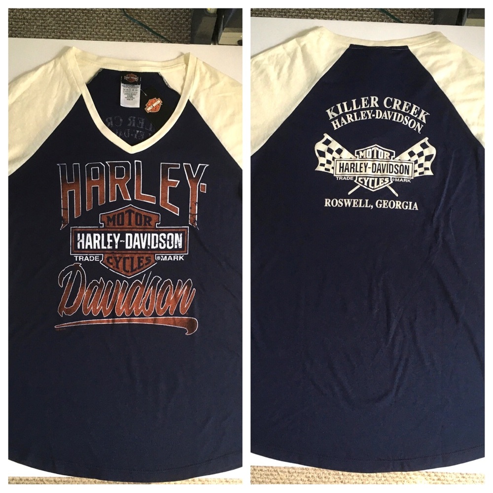 NWT Harley Navy Elbow Length Sleeve Dealer Shirt MEDIUM Killer Creek Roswell, GA